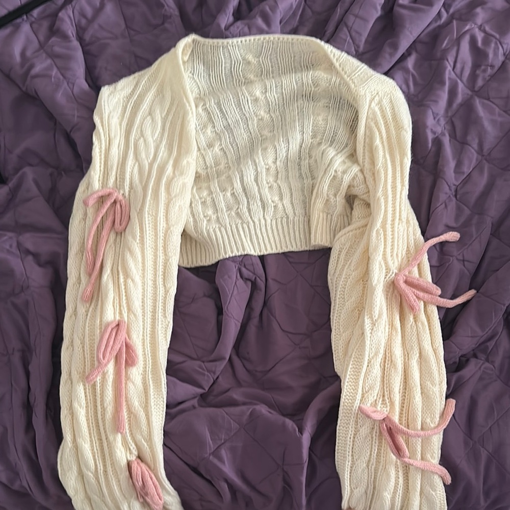 SHEIN Cream and Pink Cardigan with Ribbon Accents